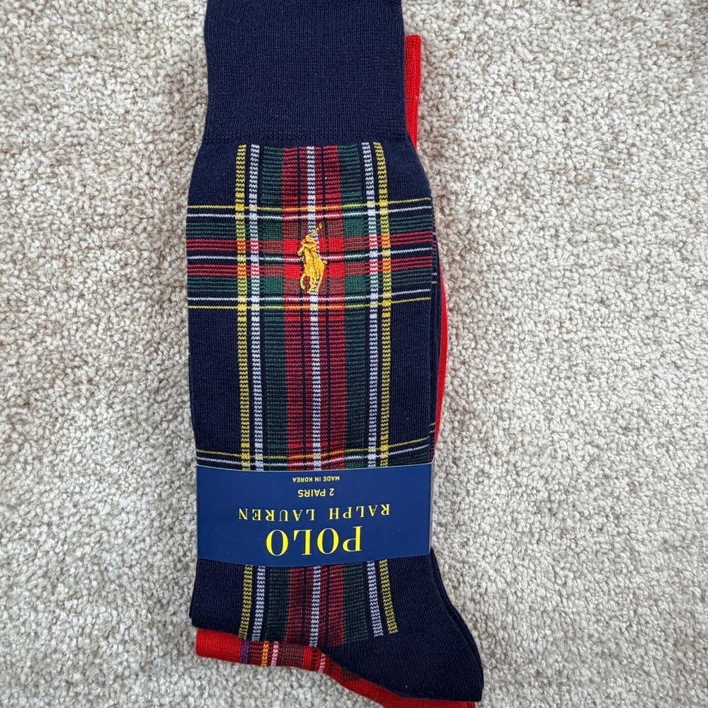 Polo Ralph Lauren Mens 2 Pack Tartan Plaid Dress Socks Navy Red Gold Pony Logo